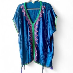 SURF GYSPY BLUE GREEN TASSLE PONCHO SWIM COVER UP RESORT COMFY BEACHY MEDIUM